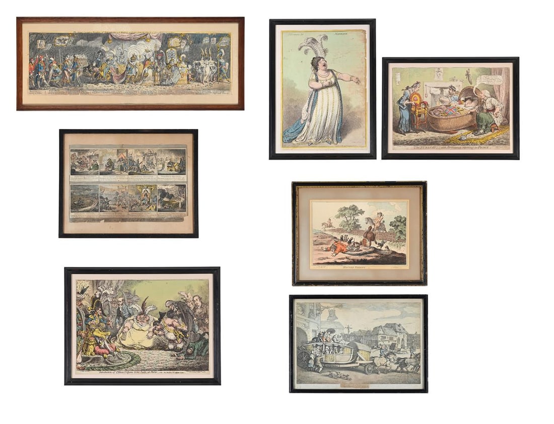 AFTER JAMES GILLRAY AND HANNAH HUMPHREYDEMOCRACY; THE GRAND CORONATION; WITH OTHERS (7): AFTER JAMES GILLRAY AND HANNAH HUMPHREY DEMOCRACY; AND THE GRAND CORONATION Hand-coloured prints 24.5 x 77cm (9½ x 30¼in.) and smaller Together with After James Gilray, Introduction of