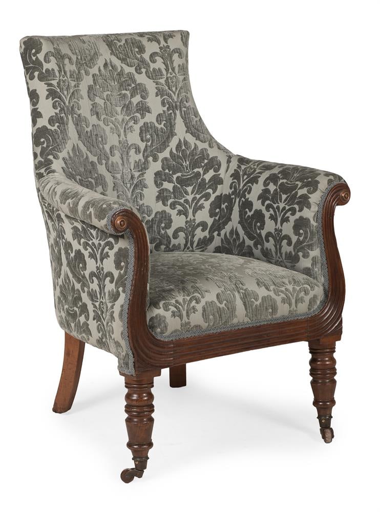 A REGENCY UPHOLSTERED MAHOGANY SCROLL ARM ARMCHAIR, CIRCA 1815 (1 of 3)