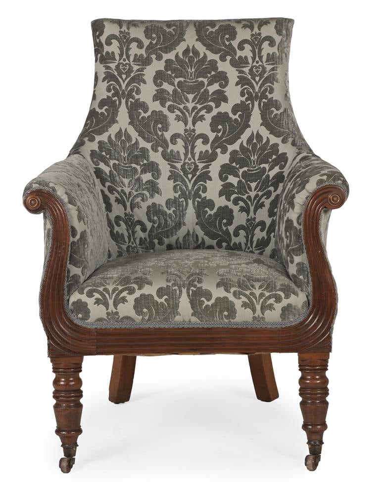 A REGENCY UPHOLSTERED MAHOGANY SCROLL ARM ARMCHAIR, CIRCA 1815 - 2