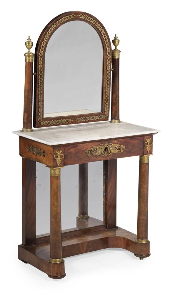 A MAHOGANY, MARBLE AND GILT METAL MOUNTED DRESSING TABLE, FRENCH, SECOND HALF 19TH CENTURY: A MAHOGANY, MARBLE AND GILT METAL MOUNTED DRESSING TABLE