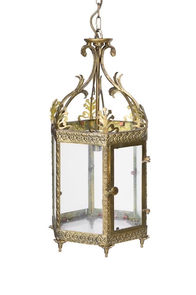 A GILT BRASS OCTAGONAL HANGING HALL LANTERN WITH GLAZED PANELS, FIRST HALF 20TH CENTURY (1 of 4)