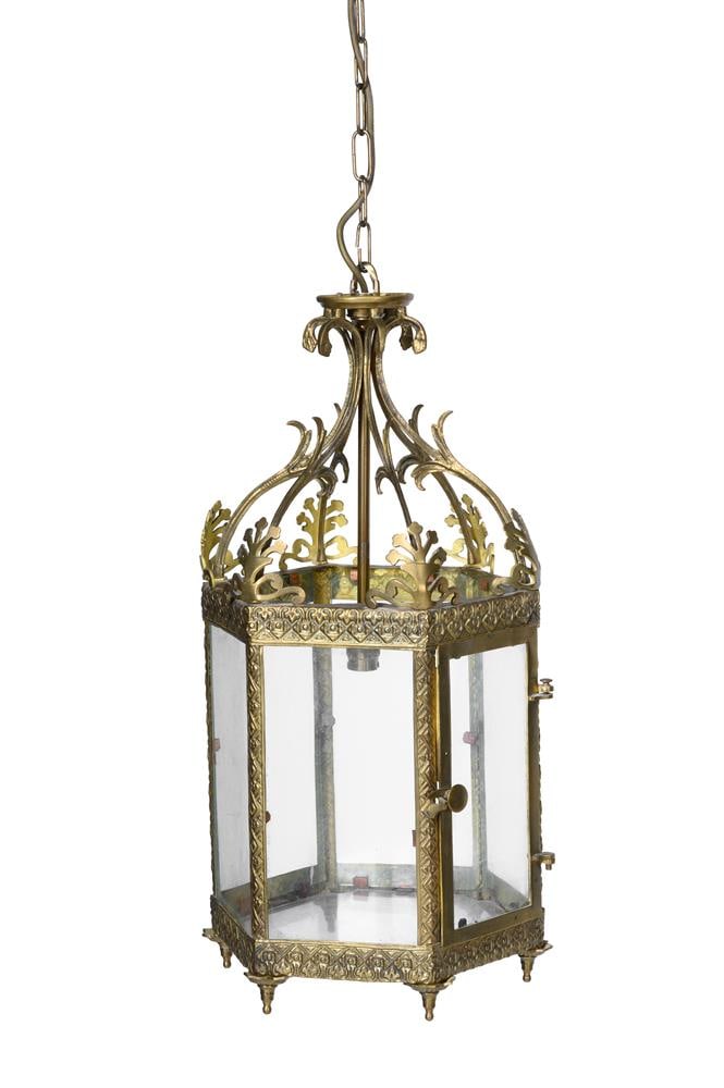 A GILT BRASS OCTAGONAL HANGING HALL LANTERN WITH GLAZED PANELS, FIRST HALF 20TH CENTURY - 2