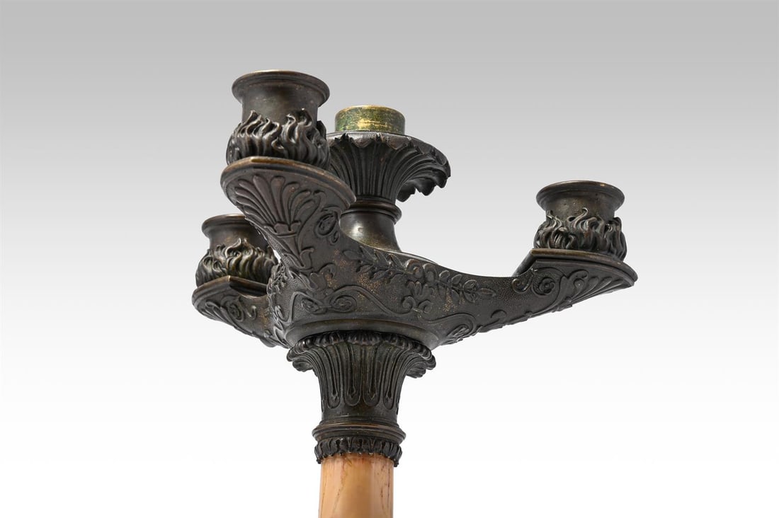 A PAIR OF FRENCH NEO-CLASSICAL BRONZE AND SIENNA MARBLE CANDELABRA, CIRCA 1830 - 2