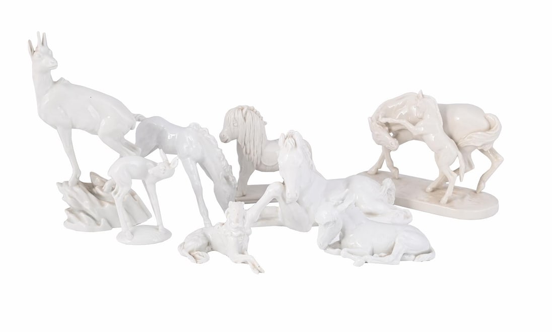 A SELECTION OF GERMAN WHITE PORCELAIN ANIMALS, SECOND HALF 20TH CENTURY: A SELECTION OF GERMAN WHITE PORCELAIN ANIMALS INCLUDING MEISSEN, NYPHENBERG AND VIENNA EXAMPLES SECOND HALF 20TH CENTURY Mostly horses Smallest 2.5cm high, tallest 22.5cm high Condition Report: