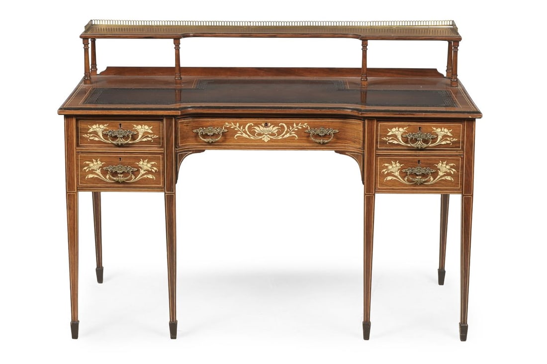 Y AN EDWARDIAN ROSEWOOD AND IVORY INLAID WRITING DESK, MANNER OF EDWARDS & ROBERTS, CIRCA 1900 - 2