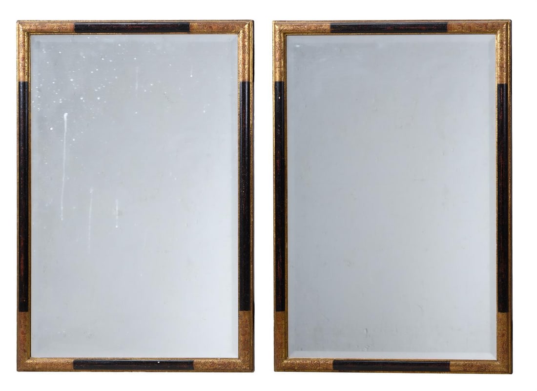 A PAIR OF EBONISED AND PARCEL GILT RECTANGULAR WALL MIRRORS, 20TH CENTURY: A PAIR OF EBONISED AND PARCEL GILT RECTANGULAR WALL MIRRORS