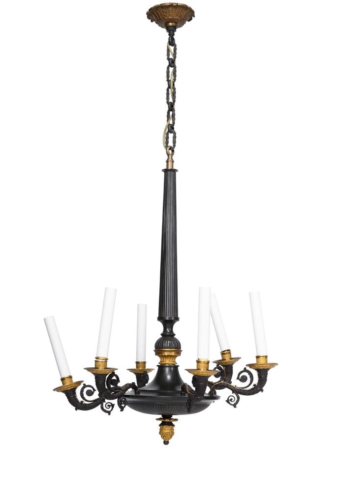 A GILT METAL MOUNTED BRONZE SIX LIGHT CHANDELIER, FRENCH OR ITALIAN, 19TH CENTURY: A GILT METAL MOUNTED BRONZE SIX LIGHT CHANDELIER