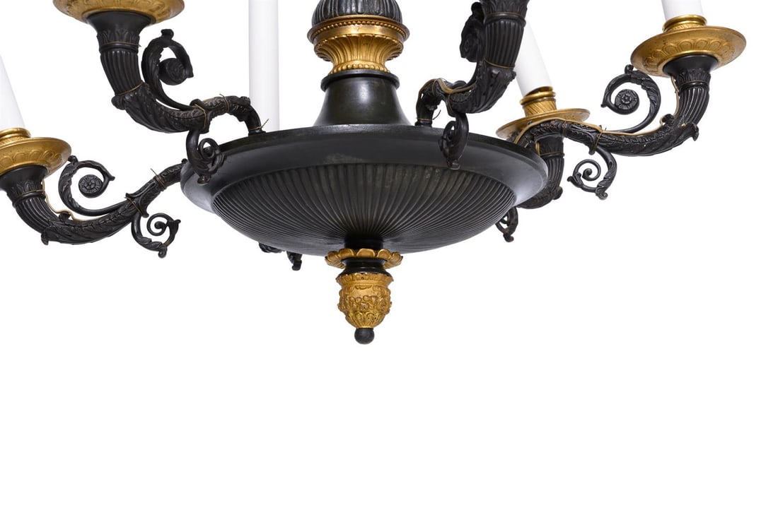 A GILT METAL MOUNTED BRONZE SIX LIGHT CHANDELIER, FRENCH OR ITALIAN, 19TH CENTURY - 2