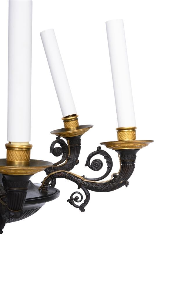 A GILT METAL MOUNTED BRONZE SIX LIGHT CHANDELIER, FRENCH OR ITALIAN, 19TH CENTURY - 3