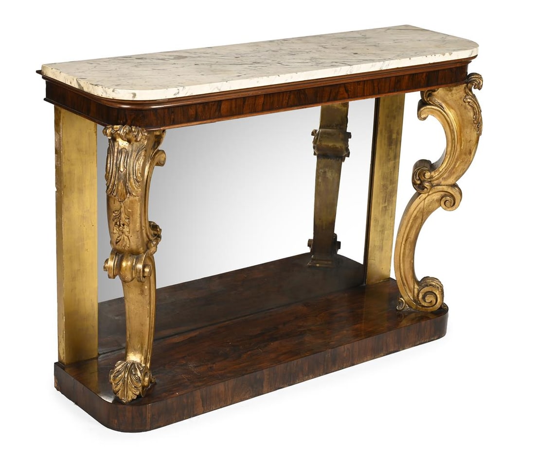 Y A MARBLE TOPPED ROSEWOOD AND PARCEL GILT CONSOLE TABLE, BY JOHN KENDELL & CO OF LEEDS, CIRCA 1840: Y A VICTORIAN MARBLE TOPPED ROSEWOOD AND PARCEL GILT CONSOLE TABLE BY JOHN KENDELL & CO OF LEEDS (fl.1783-1863), CIRCA 1840 Bearing a paper trade label with the inventory or order number
