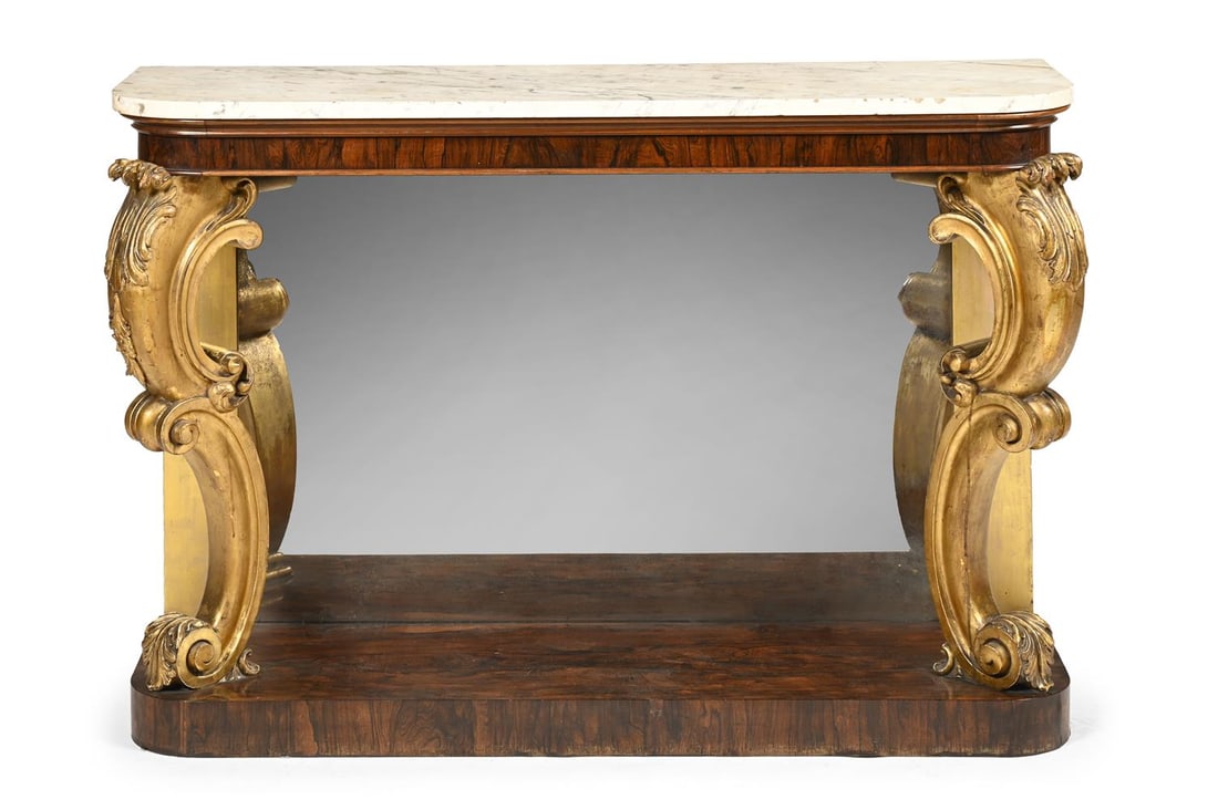 Y A MARBLE TOPPED ROSEWOOD AND PARCEL GILT CONSOLE TABLE, BY JOHN KENDELL & CO OF LEEDS, CIRCA 1840 - 2