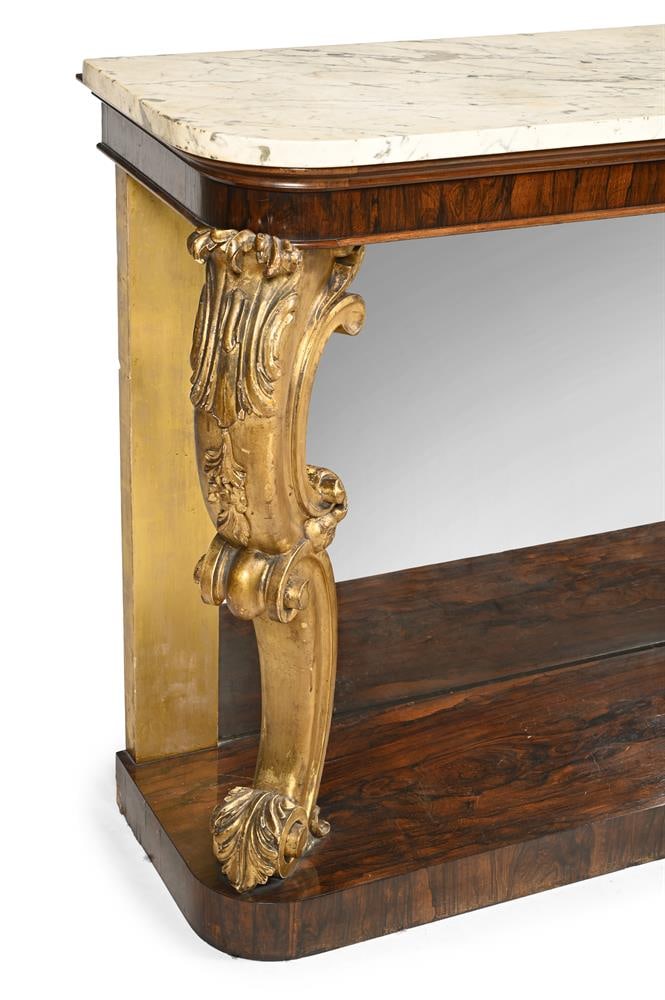 Y A MARBLE TOPPED ROSEWOOD AND PARCEL GILT CONSOLE TABLE, BY JOHN KENDELL & CO OF LEEDS, CIRCA 1840 - 4