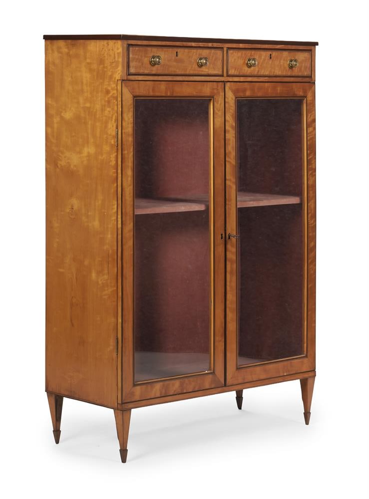 Y A GEORGE III FIGURED SATINWOOD AND PURPLEHEART BANDED SIDE OR LIBRARY CABINET, CIRCA 1790: Y A GEORGE III FIGURED SATINWOOD AND PURPLEHEART BANDED SIDE OR LIBRARY CABINET CIRCA 1790 With baize lined writing surface to the top with ebony stringing 131cm high, 93cm wide, 36cm deep