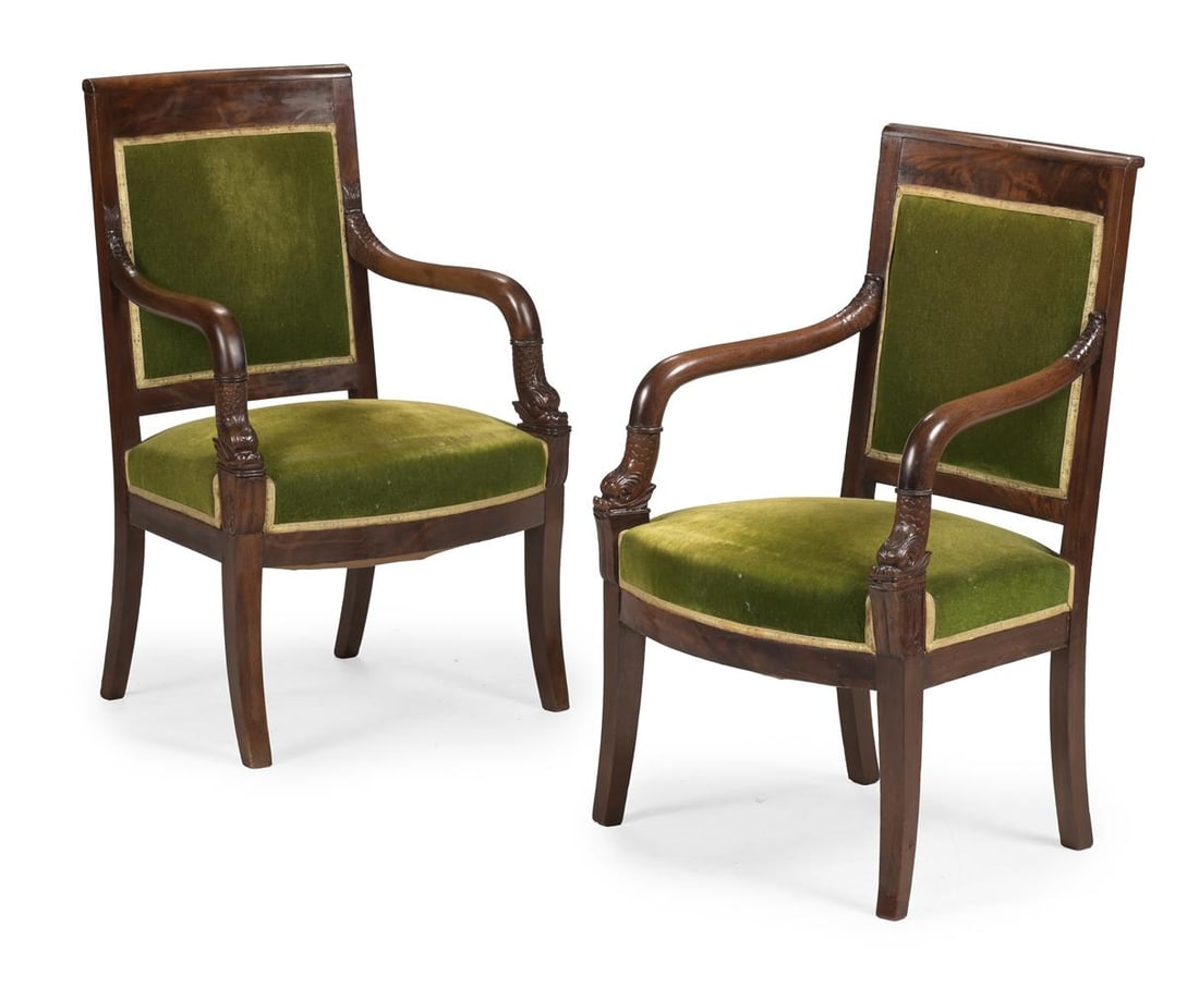 A PAIR OF LOUIS-PHILIPPE MAHOGANY GREEN VELVET UPHOLSTERED OPEN ARM CHAIRS, CIRCA 1830 (1 of 4)