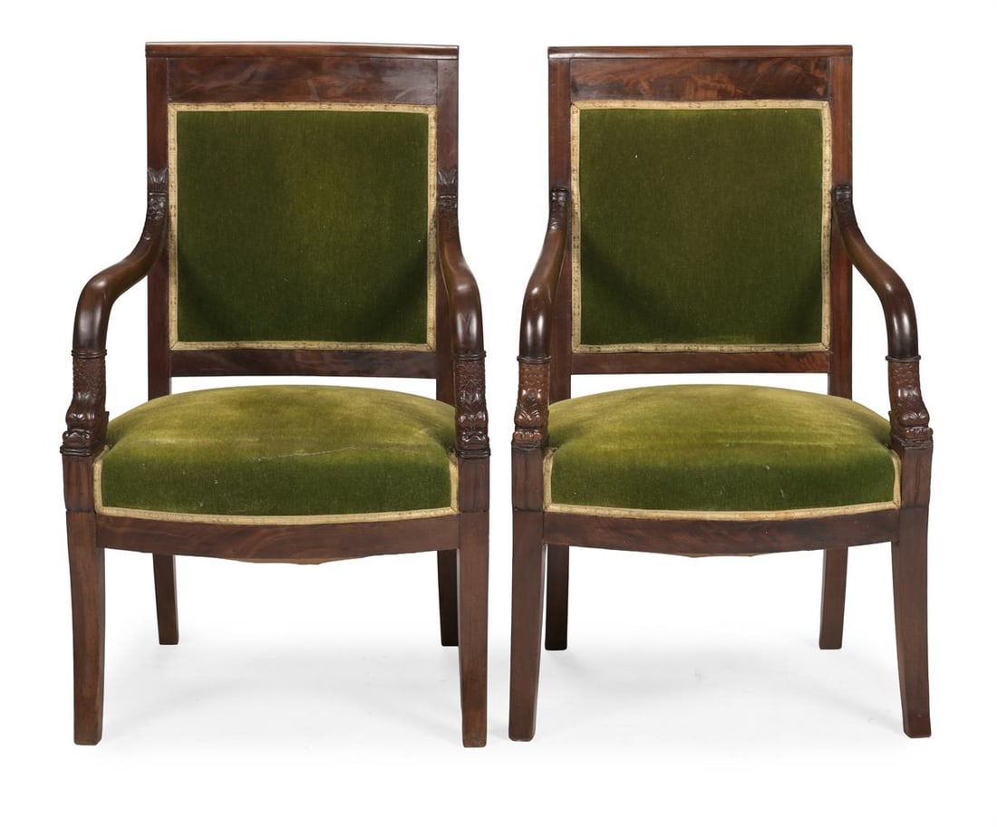 A PAIR OF LOUIS-PHILIPPE MAHOGANY GREEN VELVET UPHOLSTERED OPEN ARM CHAIRS, CIRCA 1830 - 2