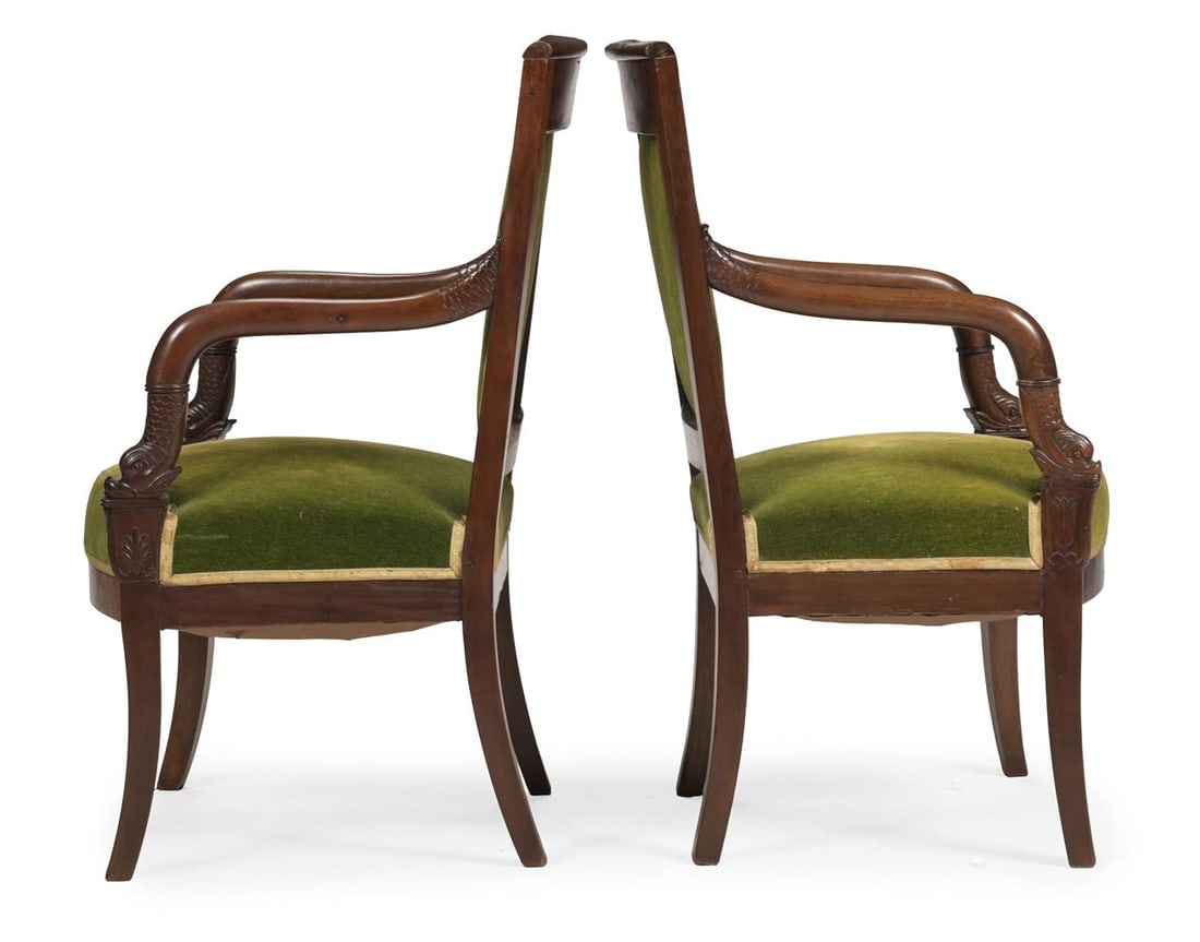 A PAIR OF LOUIS-PHILIPPE MAHOGANY GREEN VELVET UPHOLSTERED OPEN ARM CHAIRS, CIRCA 1830 - 3