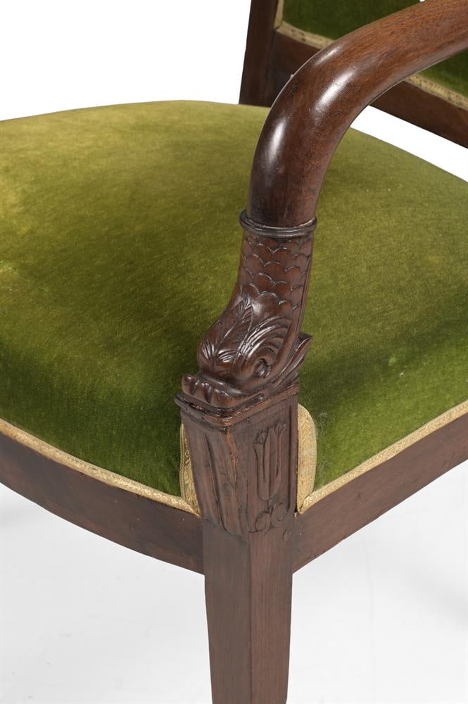 A PAIR OF LOUIS-PHILIPPE MAHOGANY GREEN VELVET UPHOLSTERED OPEN ARM CHAIRS, CIRCA 1830 - 4