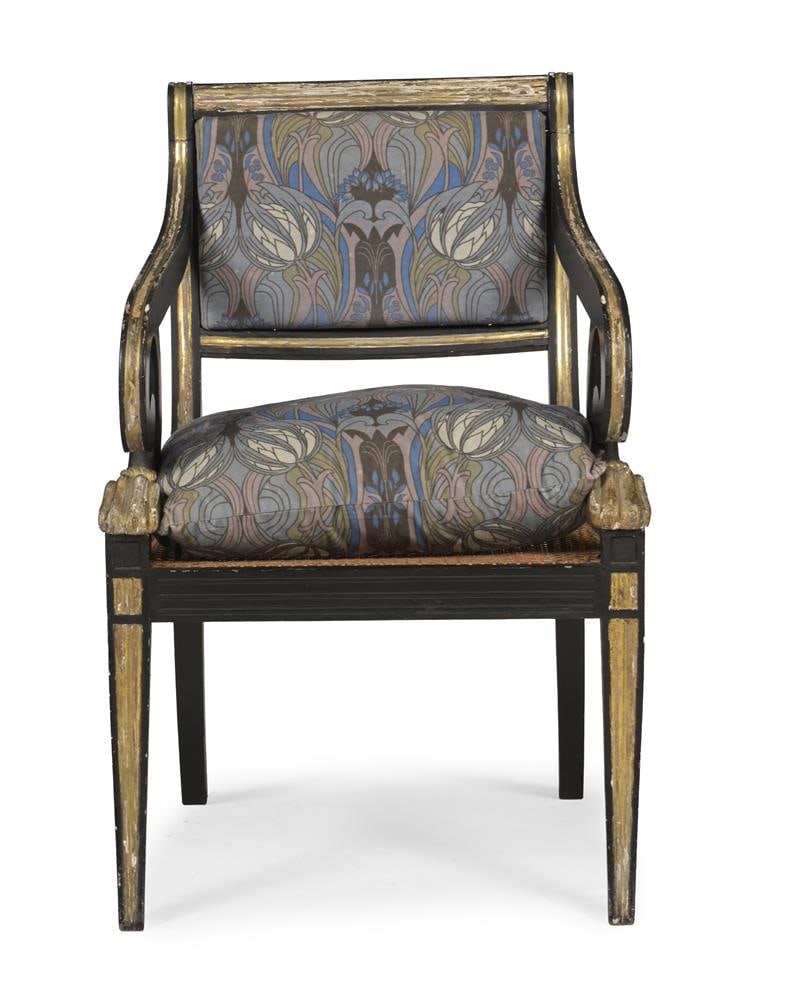 A REGENCY EBONISED AND PARCEL GILT OPEN ARMCHAIR, CIRCA 1820 - 3