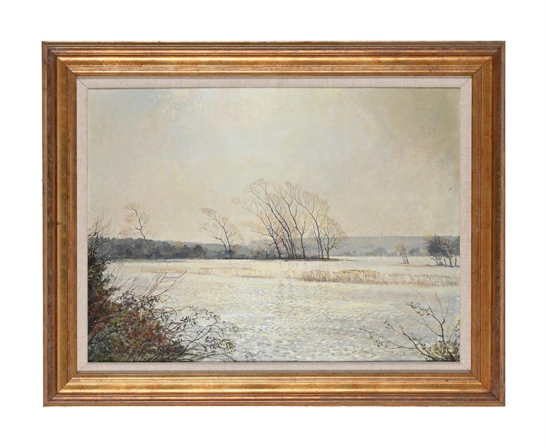 λ CAVENDISH MORTON (BRITISH 1911-2015), AN ESTUARY, WINTER: λ CAVENDISH MORTON (BRITISH 1911-2015) AN ESTUARY, WINTER Signed and dated 1986 (lower left) 45.5 x 61.5cm (17¾ x 24in.) Provenance: Vectis Fine Art, Bembridge, Isle of Wight Condition