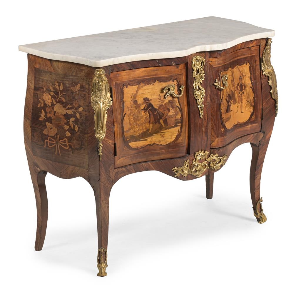 Y LOROMARD PARIS, A MARBLE TOPPED KINGWOOD AND MARQUETRY COMMODE, EARLY 19TH CENTURY AND LATER (1 of 3)