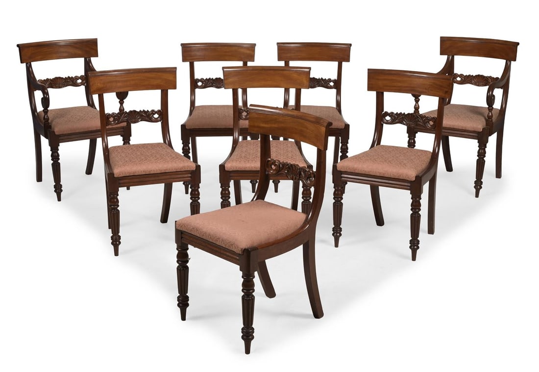 A SET OF EIGHT WILLIAM IV MAHOGANY DINING CHAIRS, CIRCA 1835: A SET OF EIGHT WILLIAM IV MAHOGANY DINING CHAIRS CIRCA 1835 The set comprising a pair of armchairs and six single chairs, each with shell carved splat bars the armchairs 89cm high, 53cm wide, 60cm