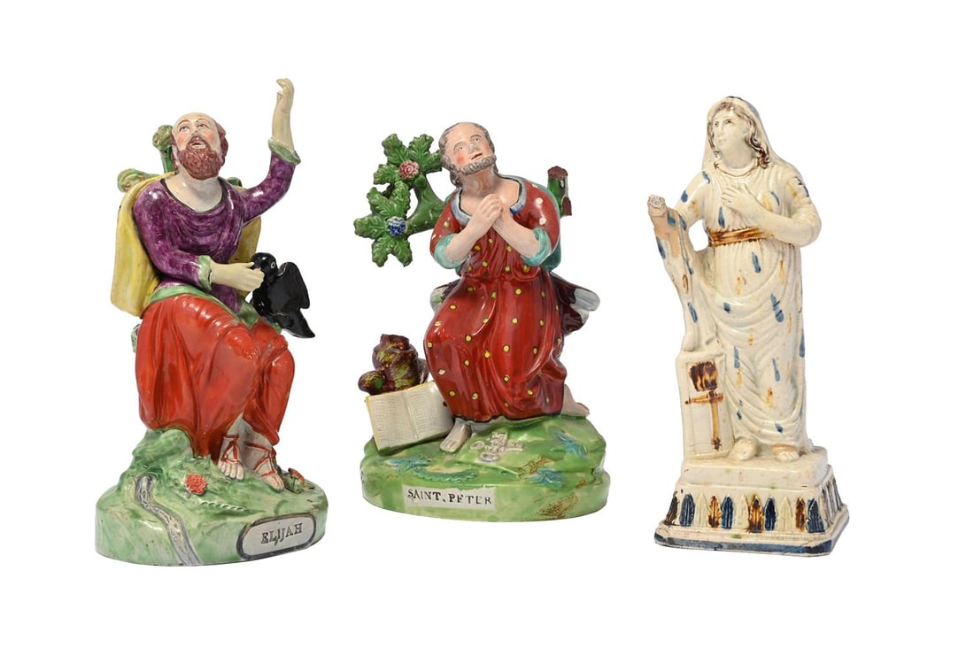 THREE VARIOUS STAFFORDSHIRE POTTERY FIGURES, VARIOUS DATES LATE 18TH OR EARLY 19TH CENTURY (1 of 3)