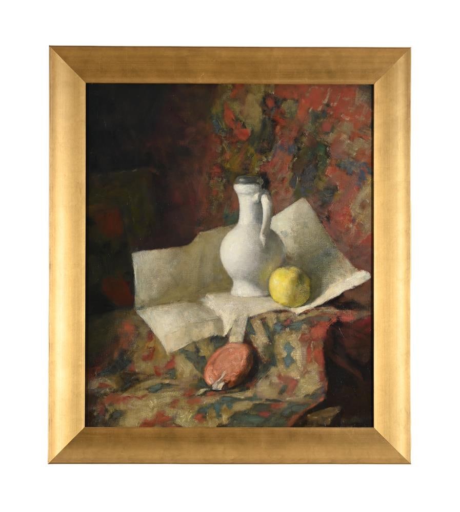 ENGLISH SCHOOL (20TH CENTURY), STILL LIFE OF A JUG AND LEMON: ENGLISH SCHOOL (20TH CENTURY) STILL LIFE OF A JUG AND LEMON Oil on canvas 69 x 58cm (27 x 22¾in.) Condition Report: The work was not examined out of its frame. There is some slight surface dirt