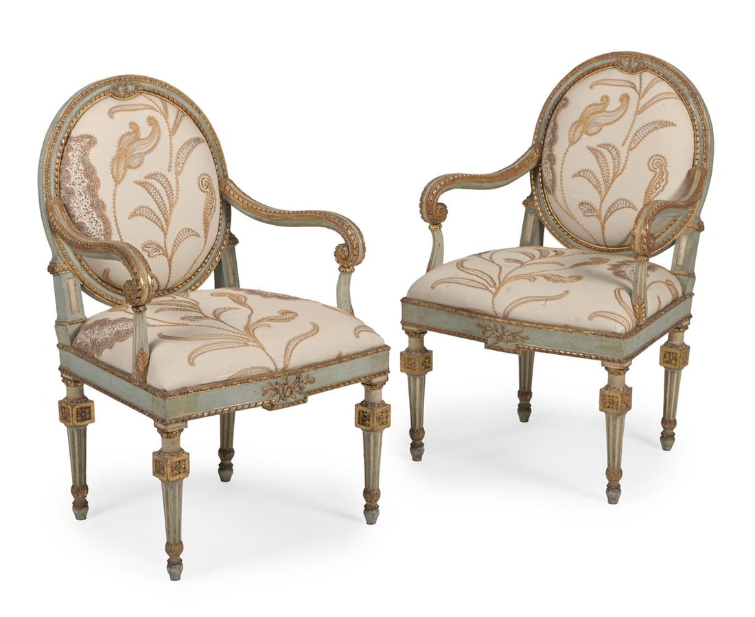 A PAIR OF GILTWOOD AND GREEN PAINTED ARMCHAIRS, CONTINENTAL, 18TH CENTURY: A PAIR OF GILTWOOD AND GREEN PAINTED ARMCHAIRS
