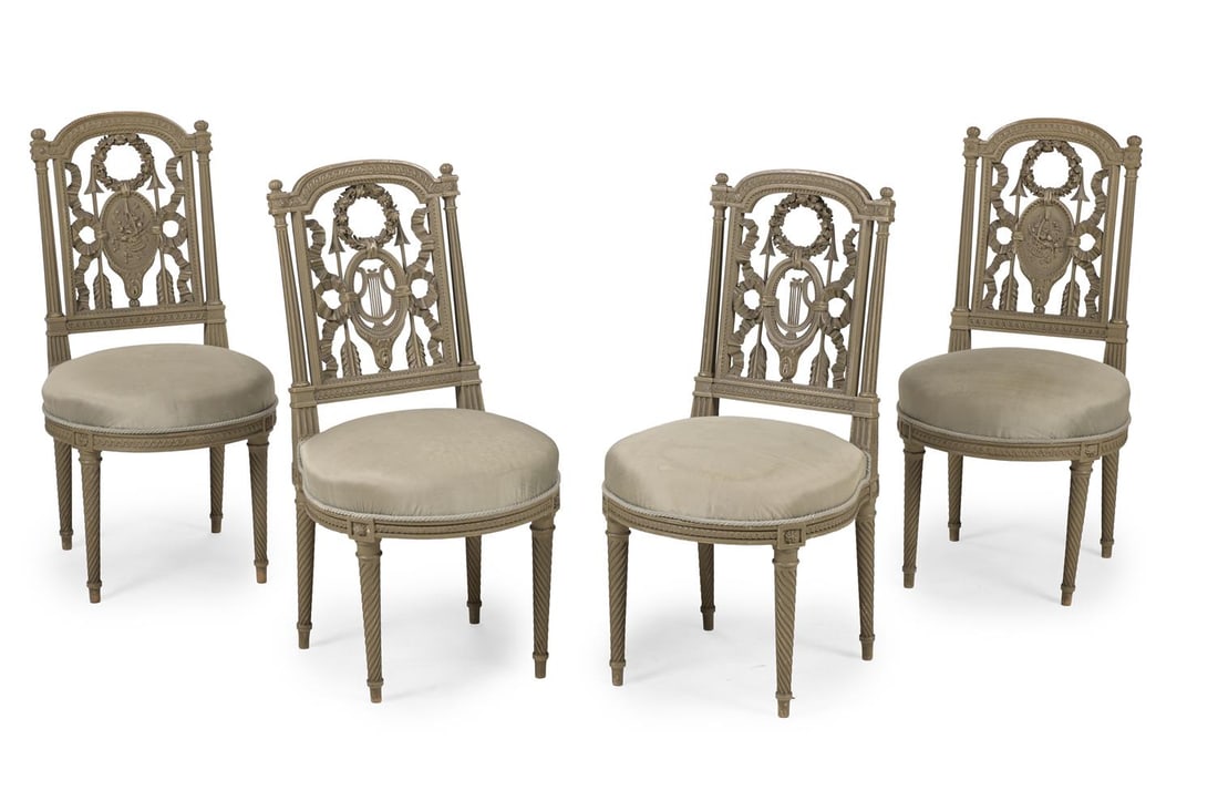 A SET OF FOUR GREY PAINTED SALON CHAIRS, J.CADIO, FRENCH, LAST QUARTER 19TH CENTURY: A SET OF FOUR GREY PAINTED SALON CHAIRS