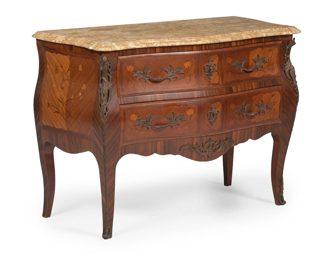 Y A ROSEWOOD, TULIPWOOD, MARQUETRY AND MARBLE TOPPED BOMBE COMMODE, FRENCH, 20TH CENTURY: Y A ROSEWOOD, TULIPWOOD, MARQUETRY AND MARBLE TOPPED BOMBE COMMODE FRENCH, IN THE LOUIS XV STYLE, FIRST HALF 20TH CENTURY 86cm high, 119cm wide, 54cm deep Condition Report: PLEASE NOTE: ALL LOTS
