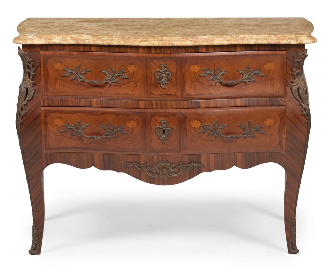 Y A ROSEWOOD, TULIPWOOD, MARQUETRY AND MARBLE TOPPED BOMBE COMMODE, FRENCH, 20TH CENTURY - 2