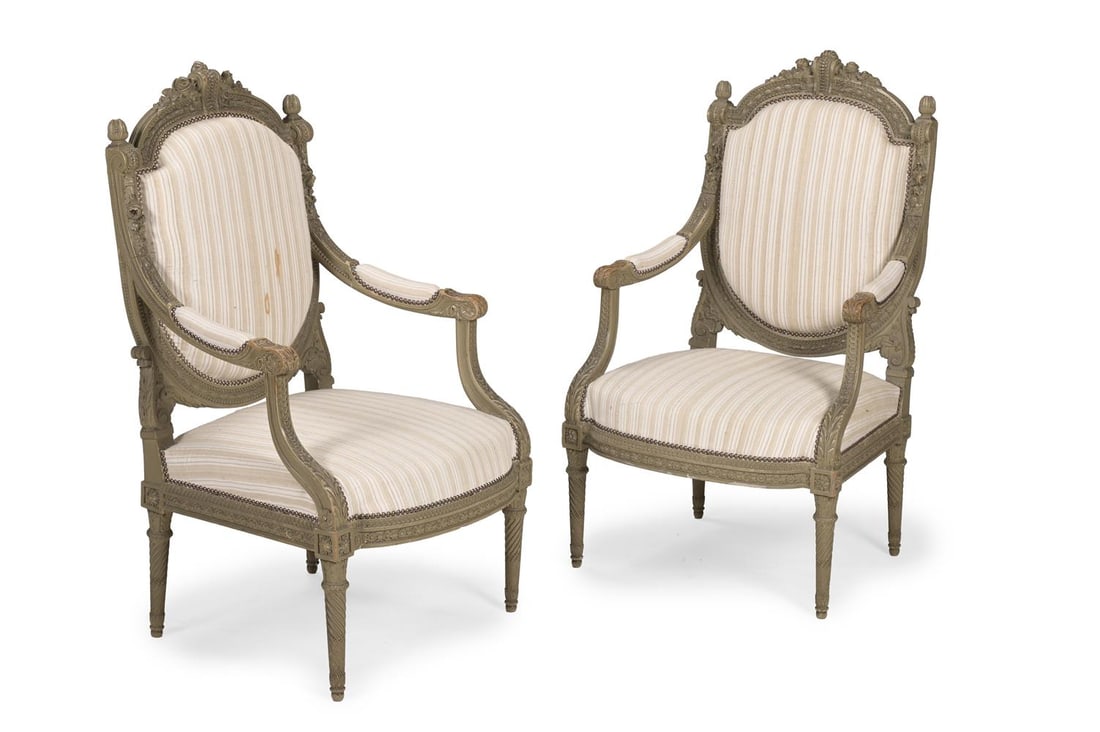 A PAIR OF PAINTED AND UPHOLSTERED FAUTEUILS, J.CADIO, FRENCH, LAST QUARTER 19TH CENTURY (1 of 3)