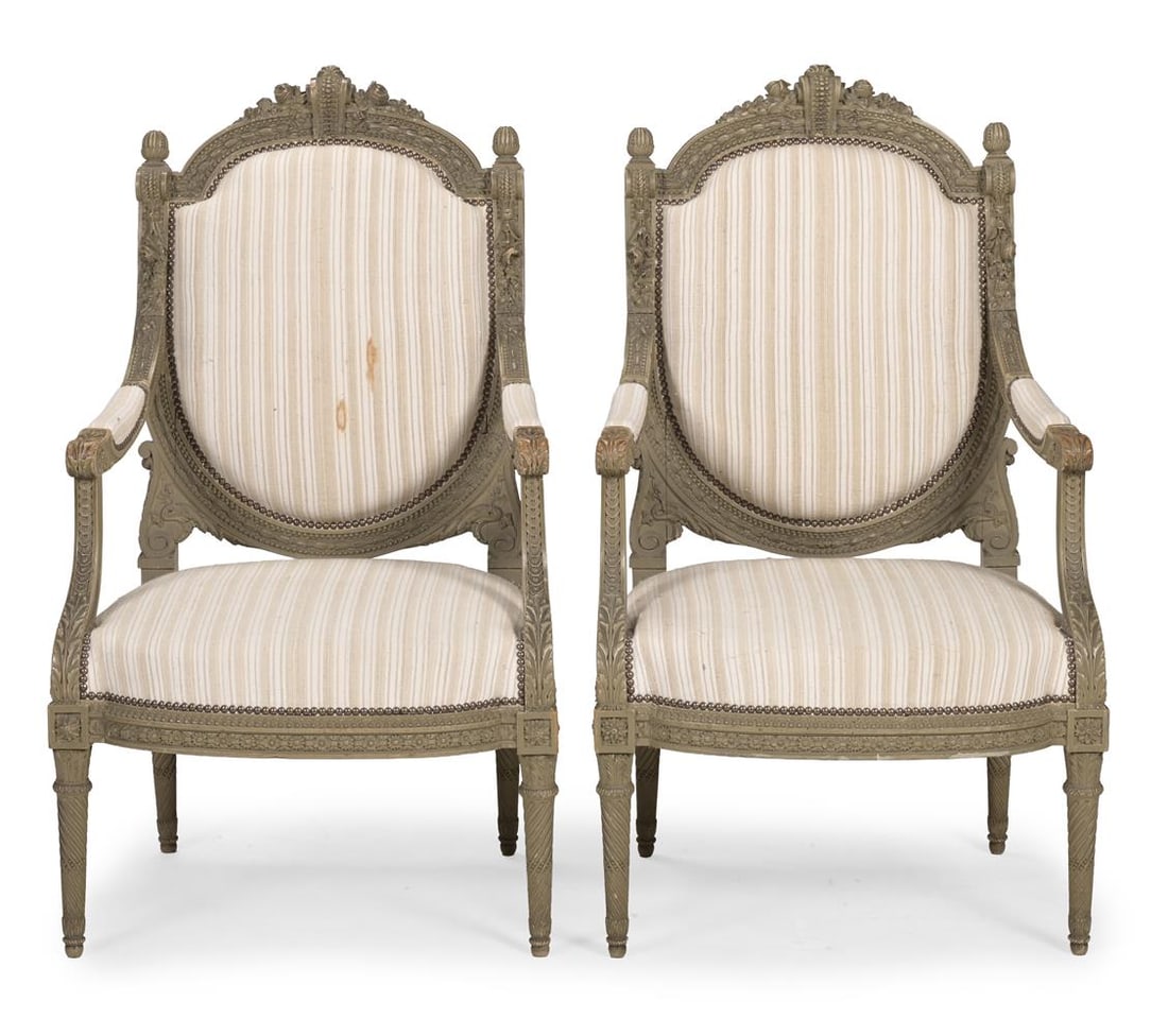 A PAIR OF PAINTED AND UPHOLSTERED FAUTEUILS, J.CADIO, FRENCH, LAST QUARTER 19TH CENTURY - 2