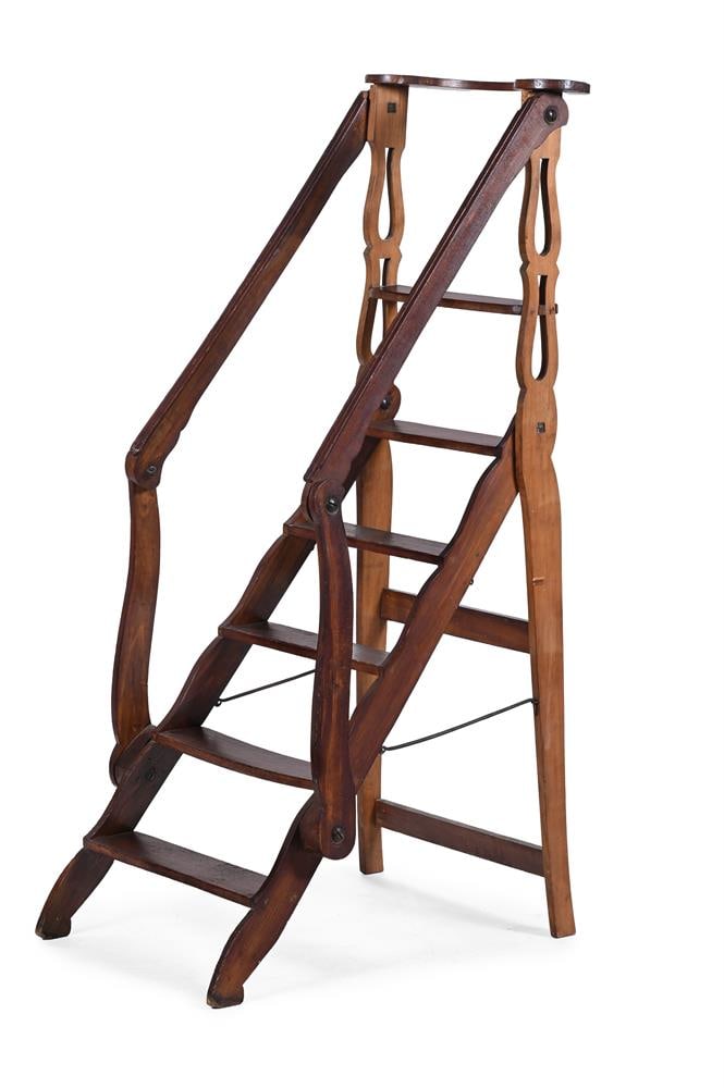 A FLIGHT OF BEECH FOLDING LIBRARY STEPS, CONTINENTAL, LATE 19TH CENTURY: A FLIGHT OF BEECH FOLDING LIBRARY STEPS CONTINENTAL, LATE 19TH CENTURY 162cm high, 86cm wide, 66cm deep Provenance: By repute, purchased from Witney Antiques at The Grosvenor House Art and Antiques