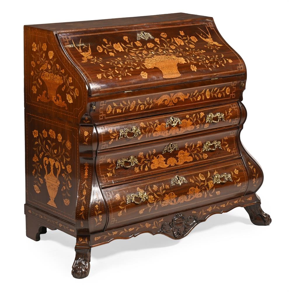 A DOUBLE BOMBE MAHOGANY AND MARQUETRY BUREAU, DUTCH, CIRCA 1800: A DOUBLE BOMBE MAHOGANY AND MARQUETRY BUREAU DUTCH, CIRCA 1800 The fall opening to drawers, pigeon holes and central door over a well 109cm high, 133cm wide at the foot, 70cm deep at the foot For a
