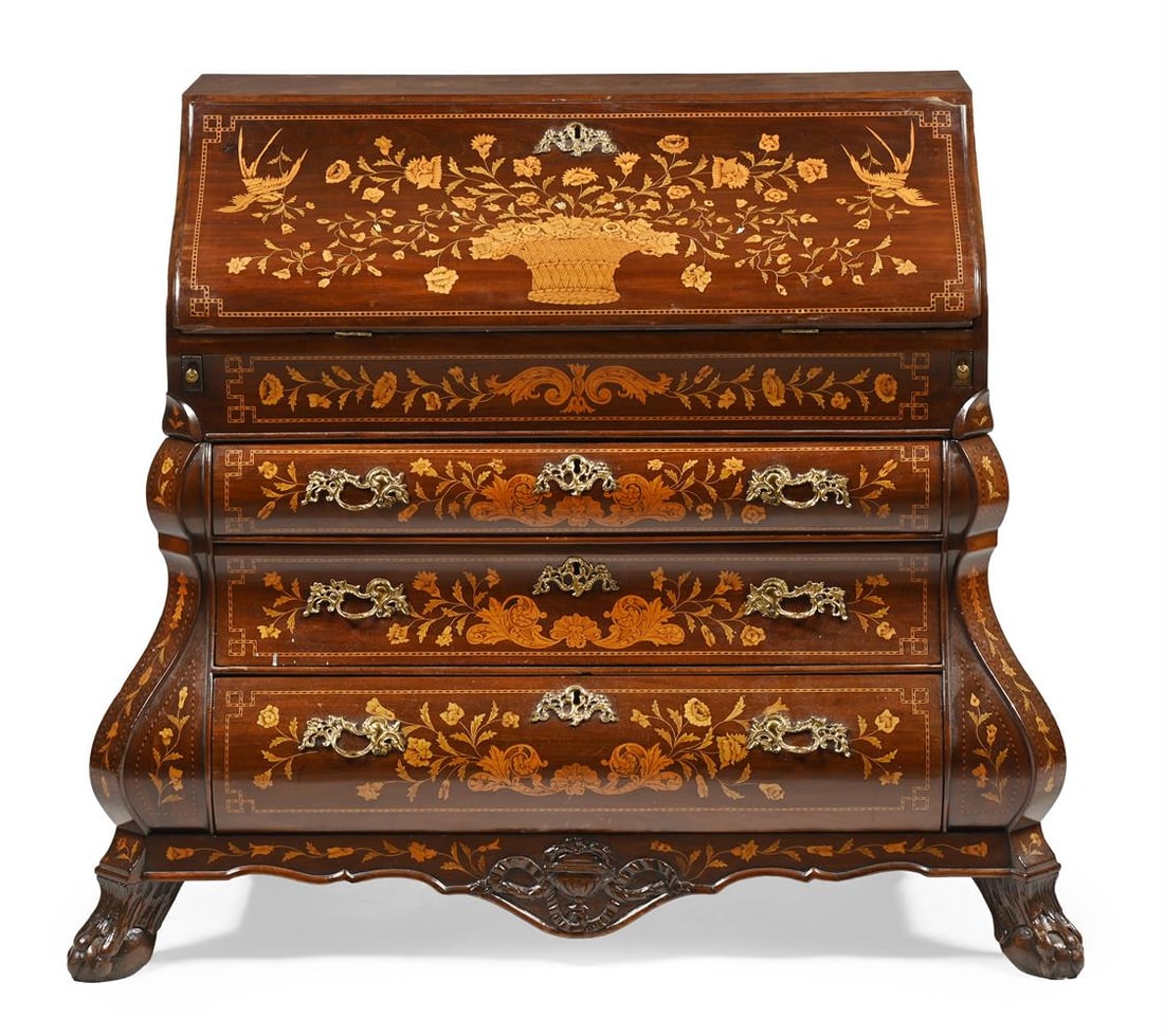 A DOUBLE BOMBE MAHOGANY AND MARQUETRY BUREAU, DUTCH, CIRCA 1800 - 2
