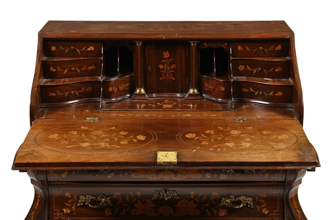 A DOUBLE BOMBE MAHOGANY AND MARQUETRY BUREAU, DUTCH, CIRCA 1800 - 3