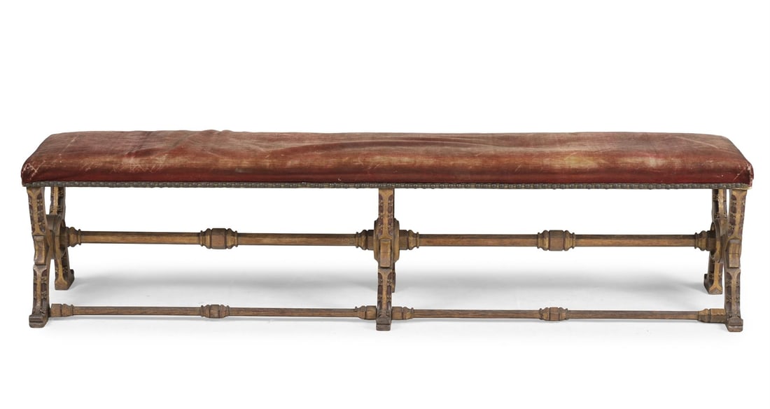 A GOTHIC REVIVAL CARVED, PAINTED, AND PARCEL GILT 'X' FRAME LONG STOOL, SECOND HALF 19TH CENTURY - 2