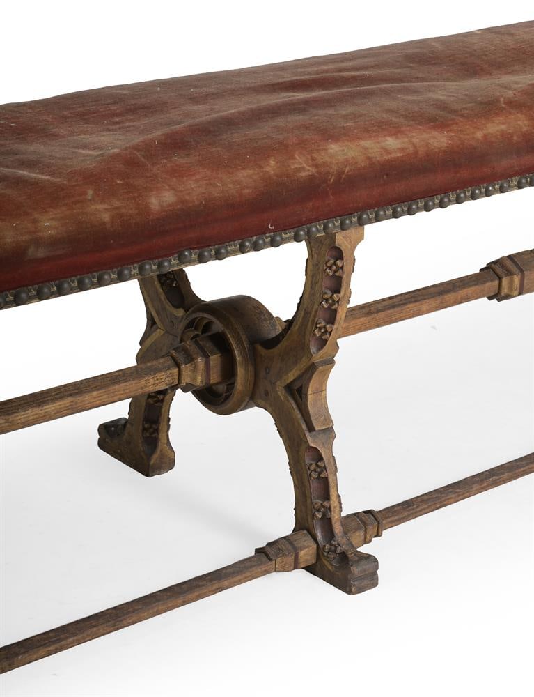 A GOTHIC REVIVAL CARVED, PAINTED, AND PARCEL GILT 'X' FRAME LONG STOOL, SECOND HALF 19TH CENTURY - 3