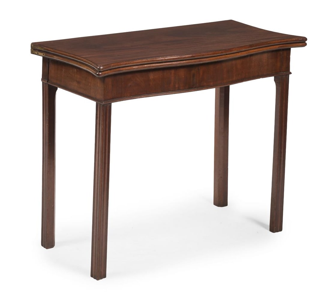 A GEORGE III MAHOGANY SERPENTINE FRONTED FOLD OVER TEA TABLE, CIRCA 1770: A GEORGE III MAHOGANY SERPENTINE FRONTED FOLD OVER TEA TABLE CIRCA 1770 With moulded legs 73cm high, 91cm wide, 40cm deep Condition Report: PLEASE NOTE: ALL LOTS ARE LOCATED AT SACKVILLE WEST STORAGE