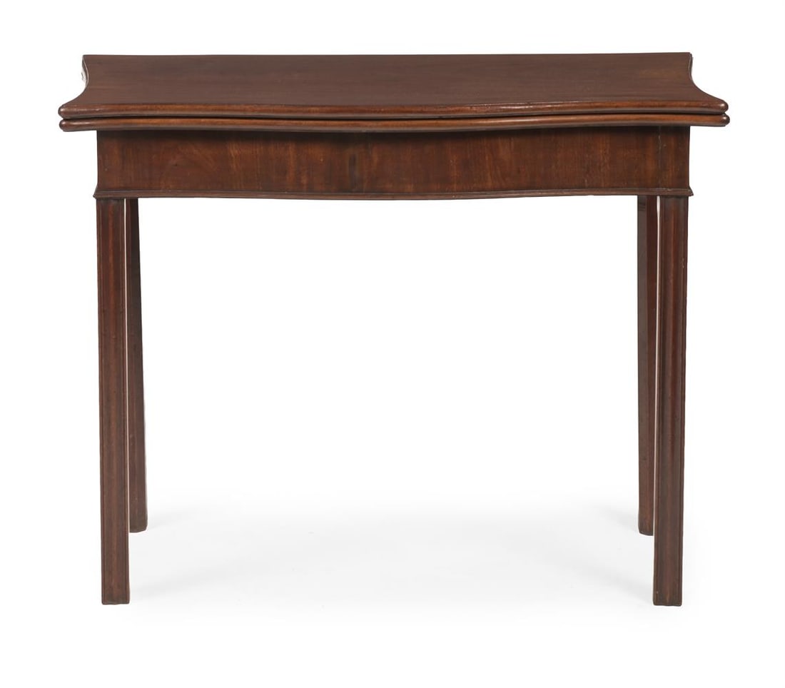 A GEORGE III MAHOGANY SERPENTINE FRONTED FOLD OVER TEA TABLE, CIRCA 1770 - 2