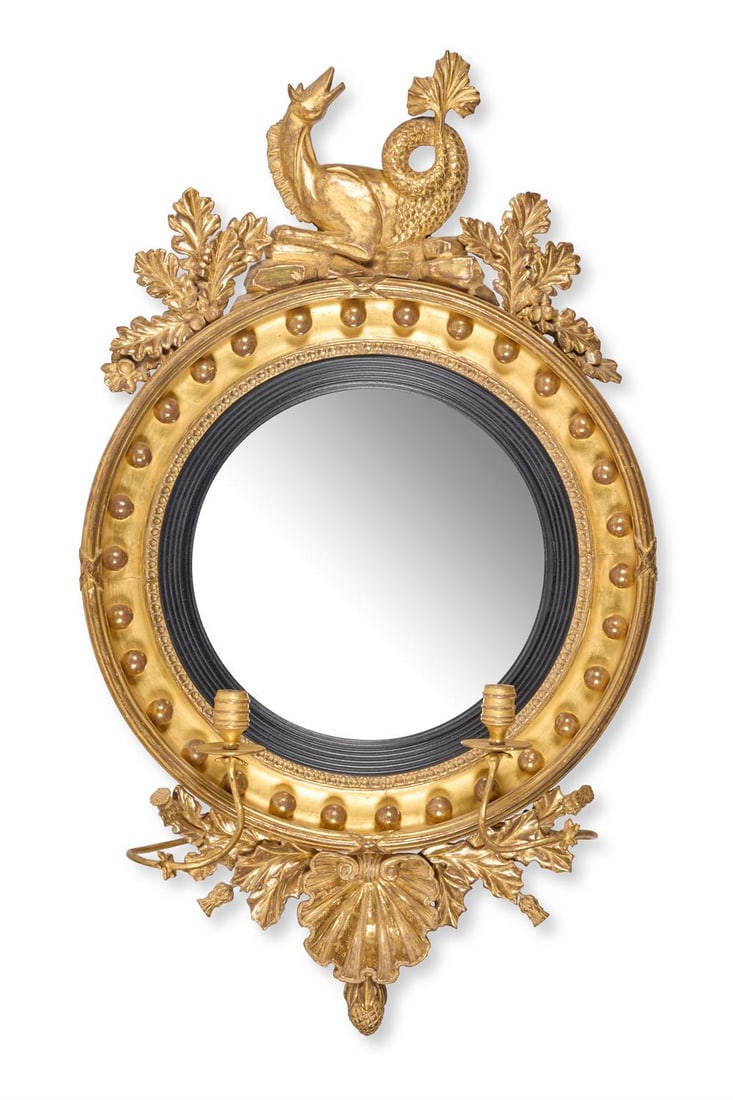 A REGENCY GILTWOOD CONVEX TWIN-LIGHT GIRANDOLE, EARLY 19TH CENTURY, POSSIBLY SCOTTISH (1 of 2)