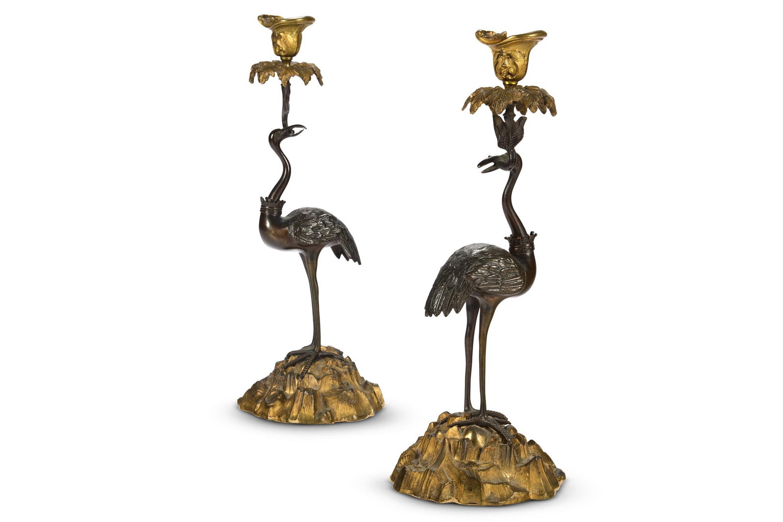 A PAIR OF VICTORIAN GILT METAL MOUNTED BRONZE CANDLESTICKS, MID 19TH CENTURY (1 of 2)