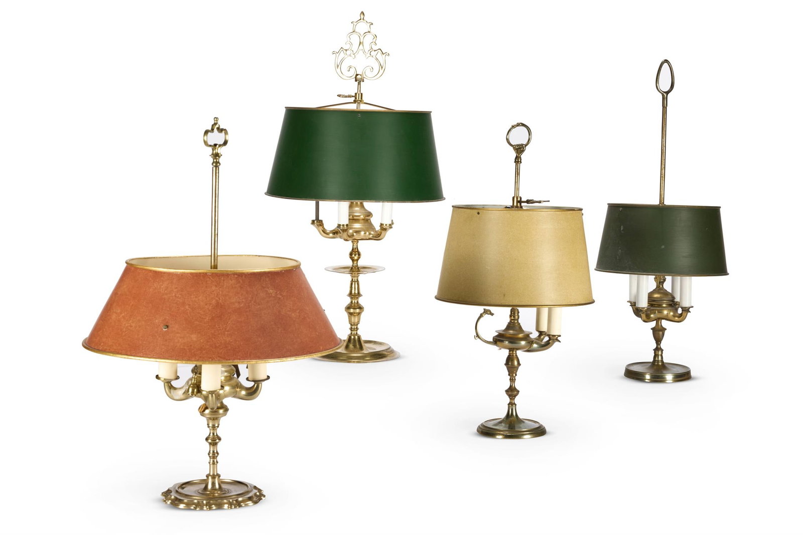 A GROUP OF FOUR BRASS AND TOLE PEINTE SHADE BOUILLOTTE TABLE LAMPS, PROBABLY PORTUGUESE OR SPANISH (1 of 2)