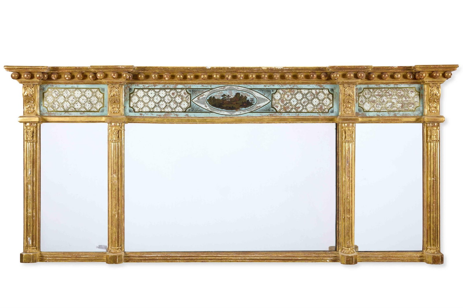 A REGENCY GILTWOOD AND VERRE EGLOMISE TRIPLE PLATE OVERMANTEL MIRROR, EARLY 19TH CENTURY (1 of 2)