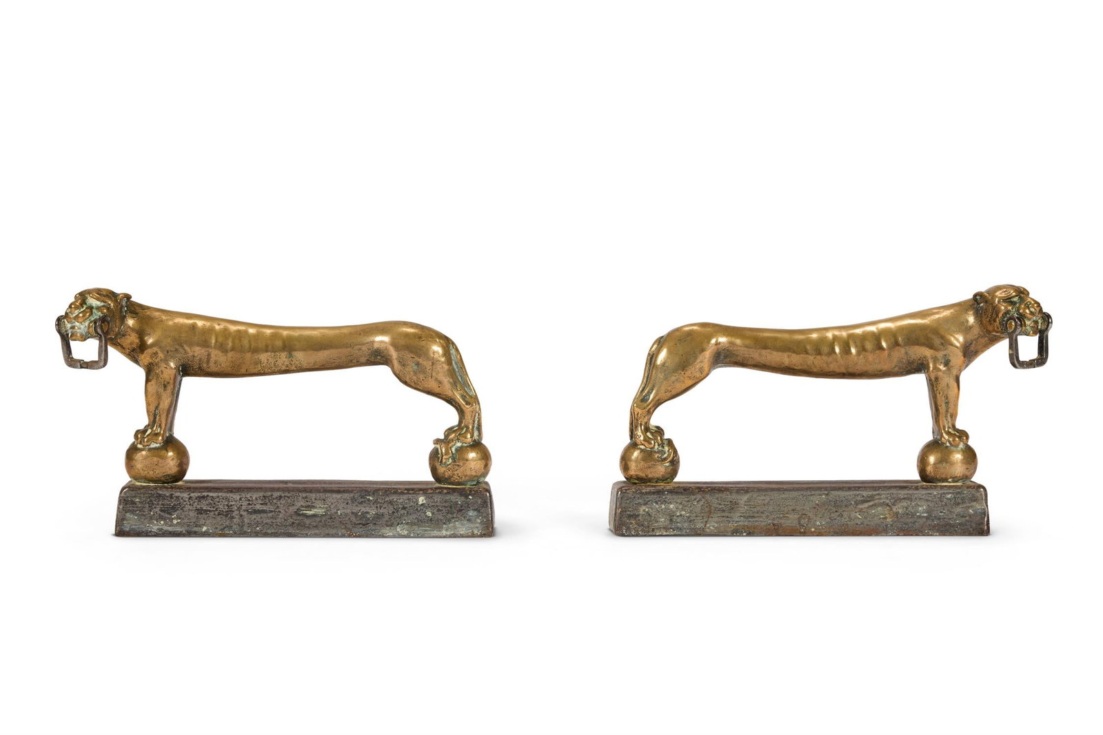 A PAIR OF BRASS AND LEAD ELONGATED LEOPARDS, 19TH CENTURY (1 of 2)