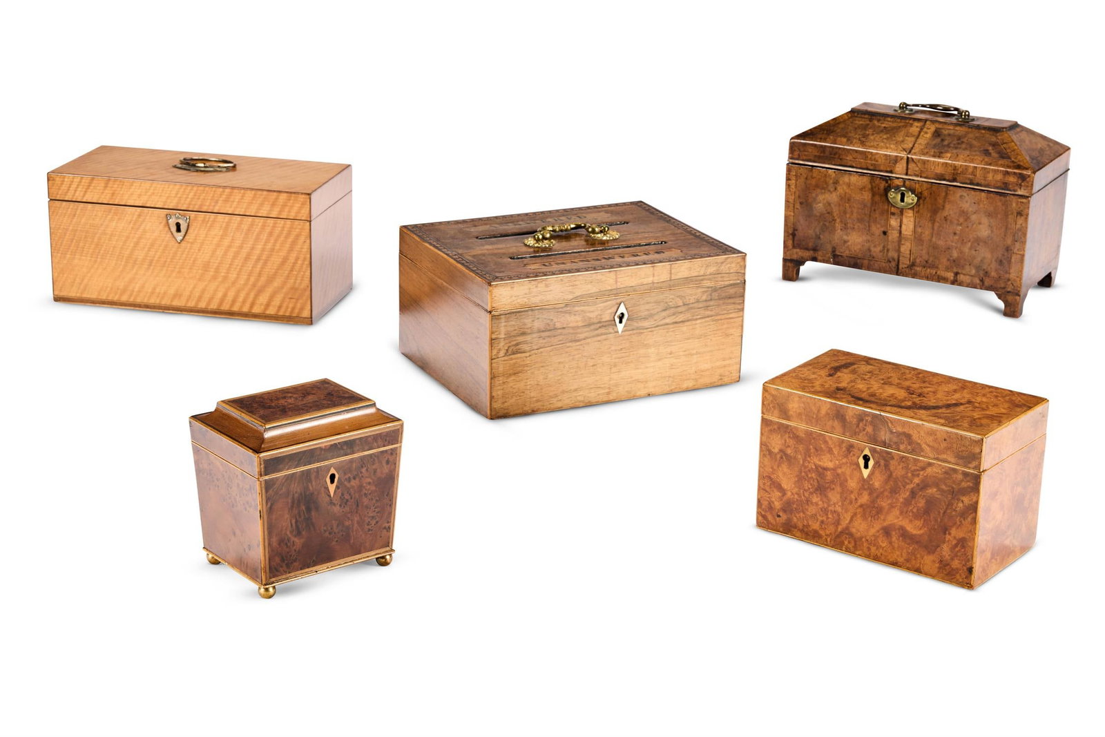 Y A COLLECTION OF GEORGE III AND LATER TEA CADDIES AND A LETTER BOX, LATE 18TH/EARLY 19TH CENTURY (1 of 2)