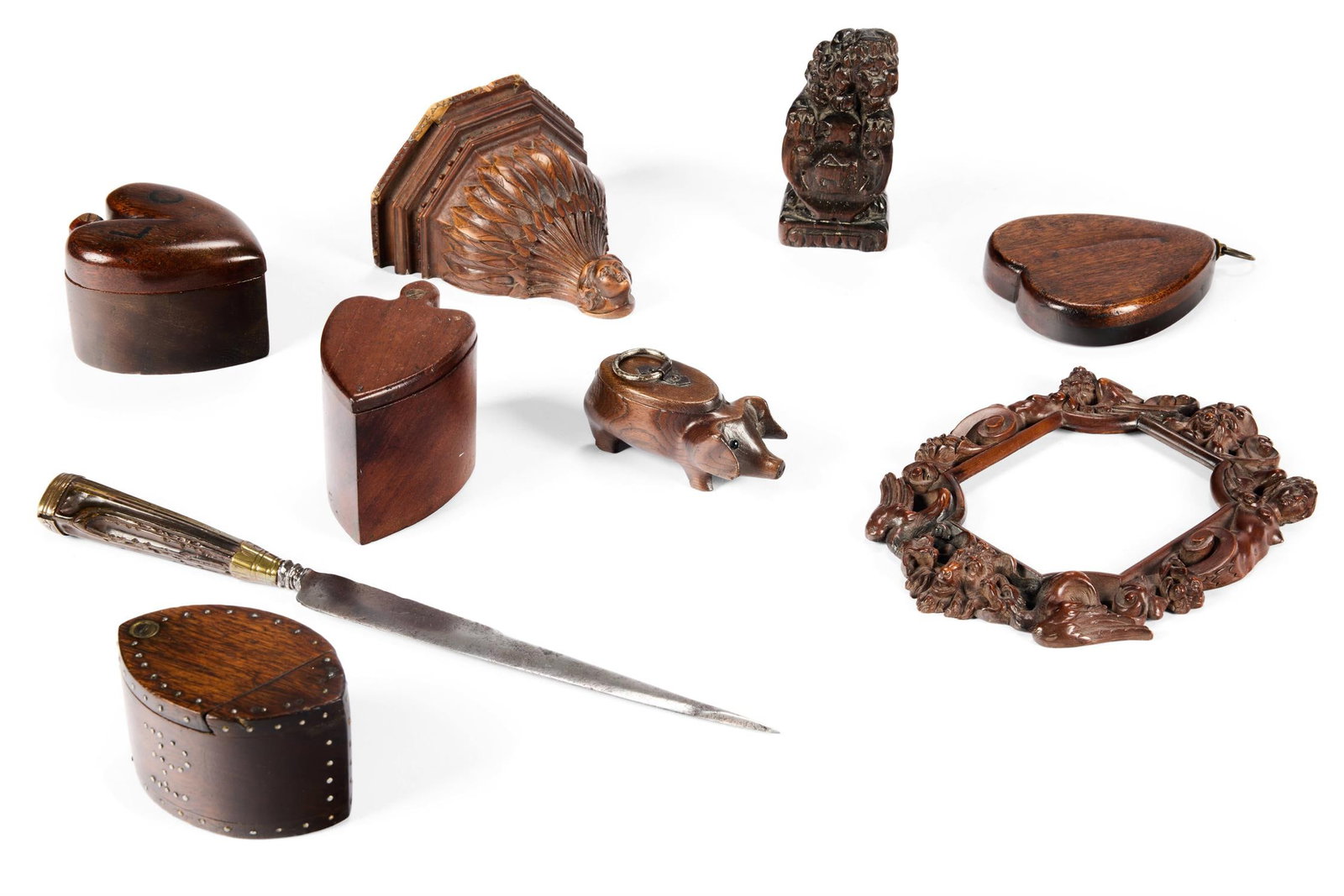 A COLLECTION OF EIGHT TREEN OBJECTS & A STEEL BLADE KNIFE 17TH (1 of 2)