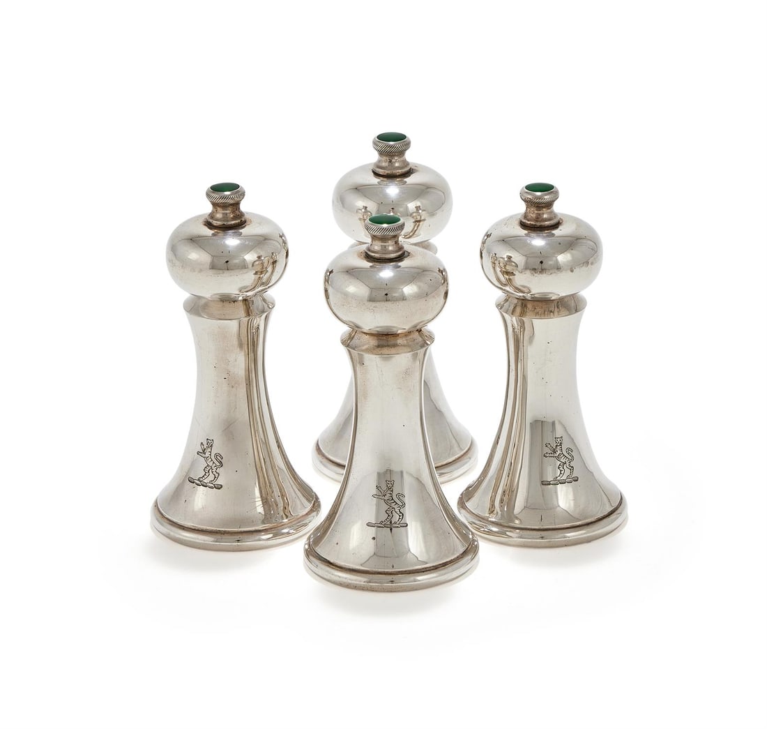 LESLIE GORDON DURBIN, A SET OF FOUR SILVER PEPPER MILLS, LONDON 1987 (1 of 2)
