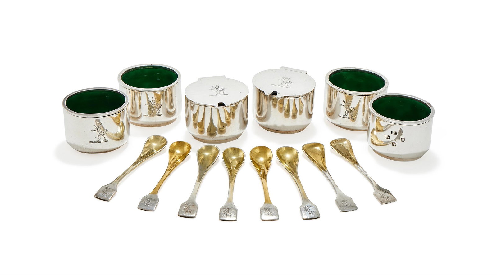 LESLIE GORDON DURBIN, A SILVER SIX PIECE OVAL CRUET SET: LESLIE GORDON DURBIN, A SILVER SIX PIECE OVAL CRUET SETLONDON 1967 (1), 1982 (1), 1985 (2) AND 1989 (2)Each engraved with the Macpherson crest and a removeable silver mounted green glass liner. The sa